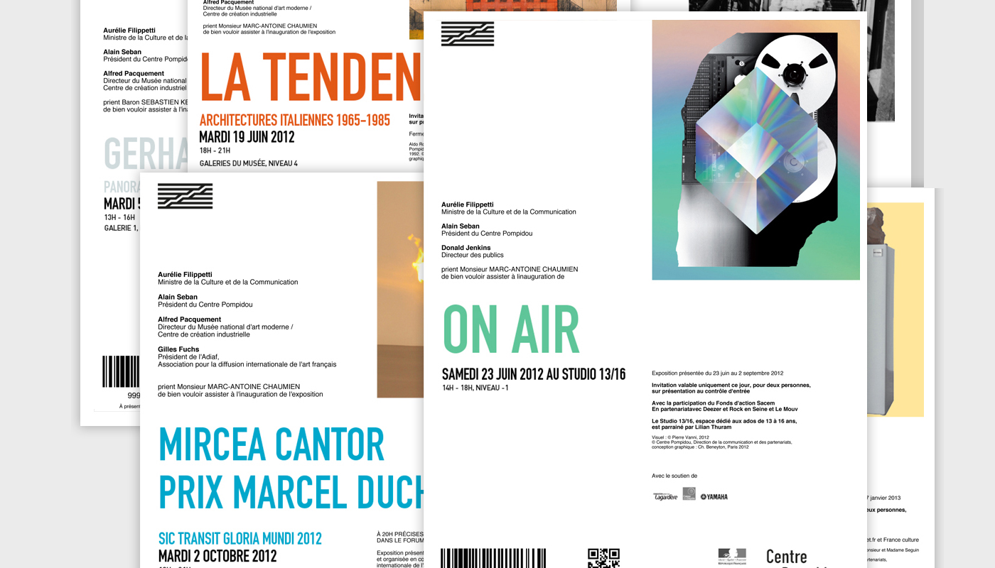 L'image semble représenter plusieurs affiches ou documents promotionnels. Ces éléments portent des titres en français et des informations sur des événements artistiques ou architecturaux, indiquant des dates et des lieux. On peut y voir des graphismes colorés et des illustrations stylisées qui attirent l'attention. Les informations semblent être liées à des expositions ou des présentations culturelles.