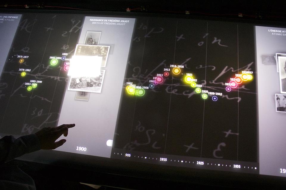 L'image montre une interface interactive, probablement un écran tactile ou un tableau numérique, présentant une chronologie historique. À gauche, on peut voir des dates allant de 1900 à environ 1915, accompagnées de photographies anciennes. Des cercles colorés représentent des événements marquants, montrant l'évolution sur une période donnée. Des éléments graphiques, tels que des notes manuscrites, ajoutent un aspect visuel intéressant à l'ensemble. Un doigt humain pointe vers l'écran, suggérant une interaction avec l'information présentée.