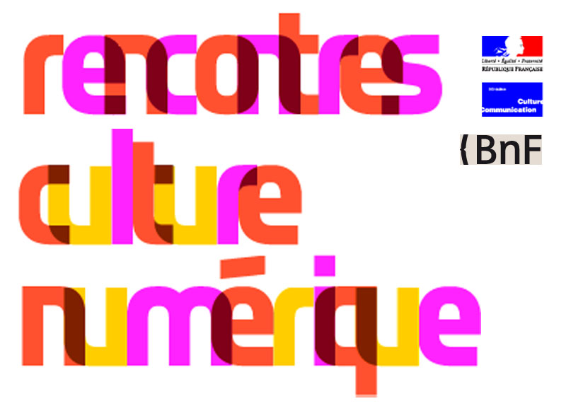 L'image présente un design graphique mettant en avant le texte "rencontres culture numérique" en lettres colorées et stylisées. Les mots sont disposés de manière dynamique, avec différentes teintes de rose, orange et rouge. À droite, on aperçoit le logo de la Bibliothèque nationale de France (BnF) ainsi qu'un emblème évoquant la culture et la communication. L'ensemble donne une impression moderne et accueillante, axée sur les échanges culturels digitaux.