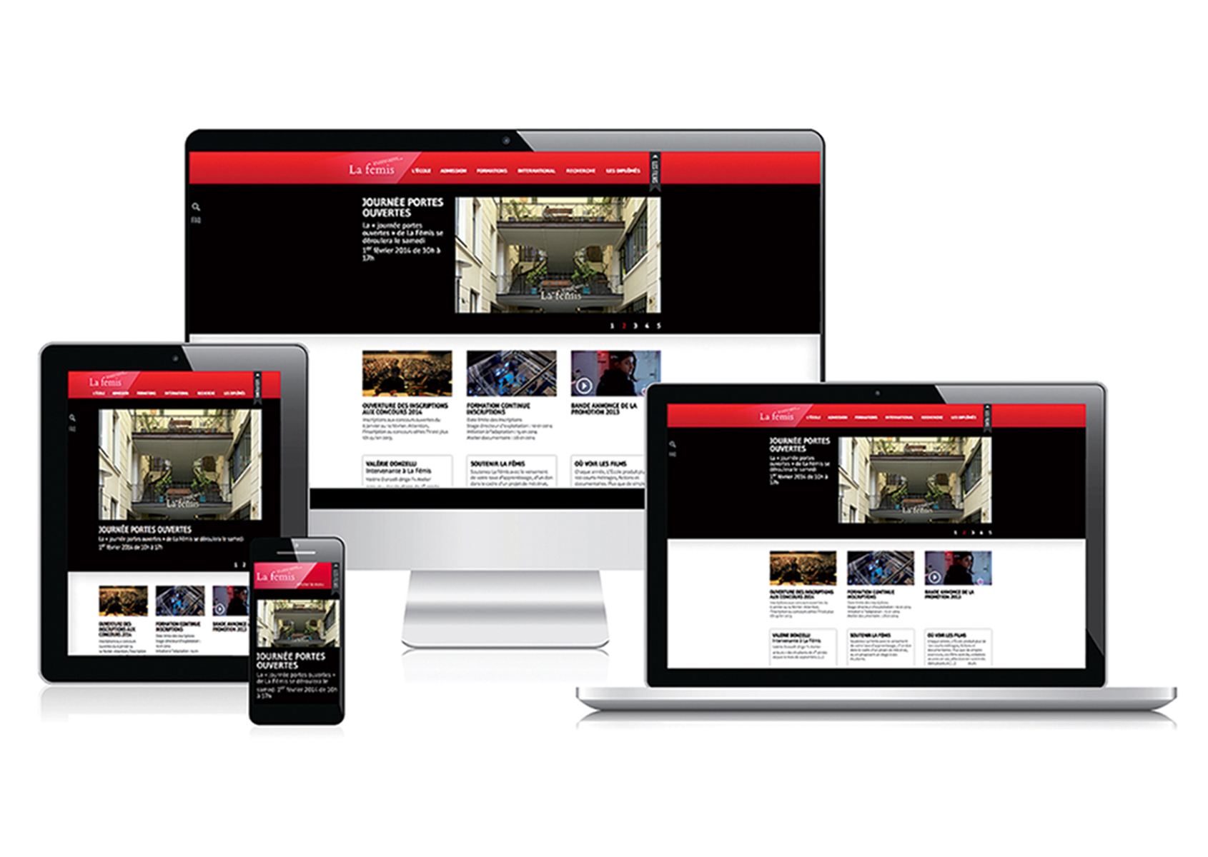 L'image représente plusieurs appareils électroniques affichant le même site web. On y voit un ordinateur de bureau, un ordinateur portable, une tablette et un smartphone. Tous les écrans montrent une interface de site d'information, avec un design moderne et une prédominance de noir et rouge. Les articles semblent traités de divers sujets, avec des images et des titres bien visibles.