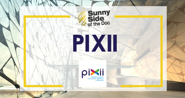 L'image présente un fond architectural moderne et lumineux, avec des motifs géométriques qui évoquent une ambiance futuriste. Au centre, on trouve le texte "PIXII" en grandes lettres, accompagnées d'un logo en dessous. En haut, le titre "Sunny Side of the Doc" est inscrit dans un encadré, suggérant un événement lié à la documentaristique. Le tout est mis en valeur par un design sobre et élégant.