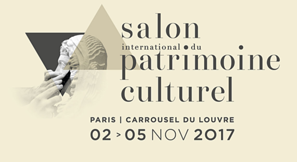 L'image présente une affiche pour le "Salon International du Patrimoine Culturel," qui a eu lieu à Paris, au Carrousel du Louvre, du 2 au 5 novembre 2017. Le design inclut des éléments graphiques modernes et un jeu de typographie, mêlant des mots en français et des éléments visuels en lien avec le patrimoine culturel. L'affiche semble mettre en avant l'importance de la préservation et de la célébration du patrimoine.