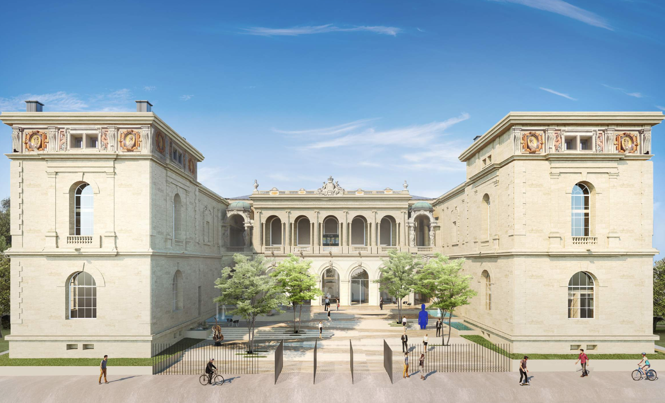 L'image montre une élégante façade d'un bâtiment architectural imposant, probablement un palais ou un musée. Les deux ailes symétriques sont ornées de détails classiques, avec des fenêtres à arc et des décorations sculptées. Au centre, une grande entrée est flanquée de verdure, avec des arbres et des aménagements paysagers. Des personnes se déplacent autour du bâtiment, ajoutant une touche de vie à la scène. Le ciel est dégagé, donnant une impression de luminosité et d'ouverture.