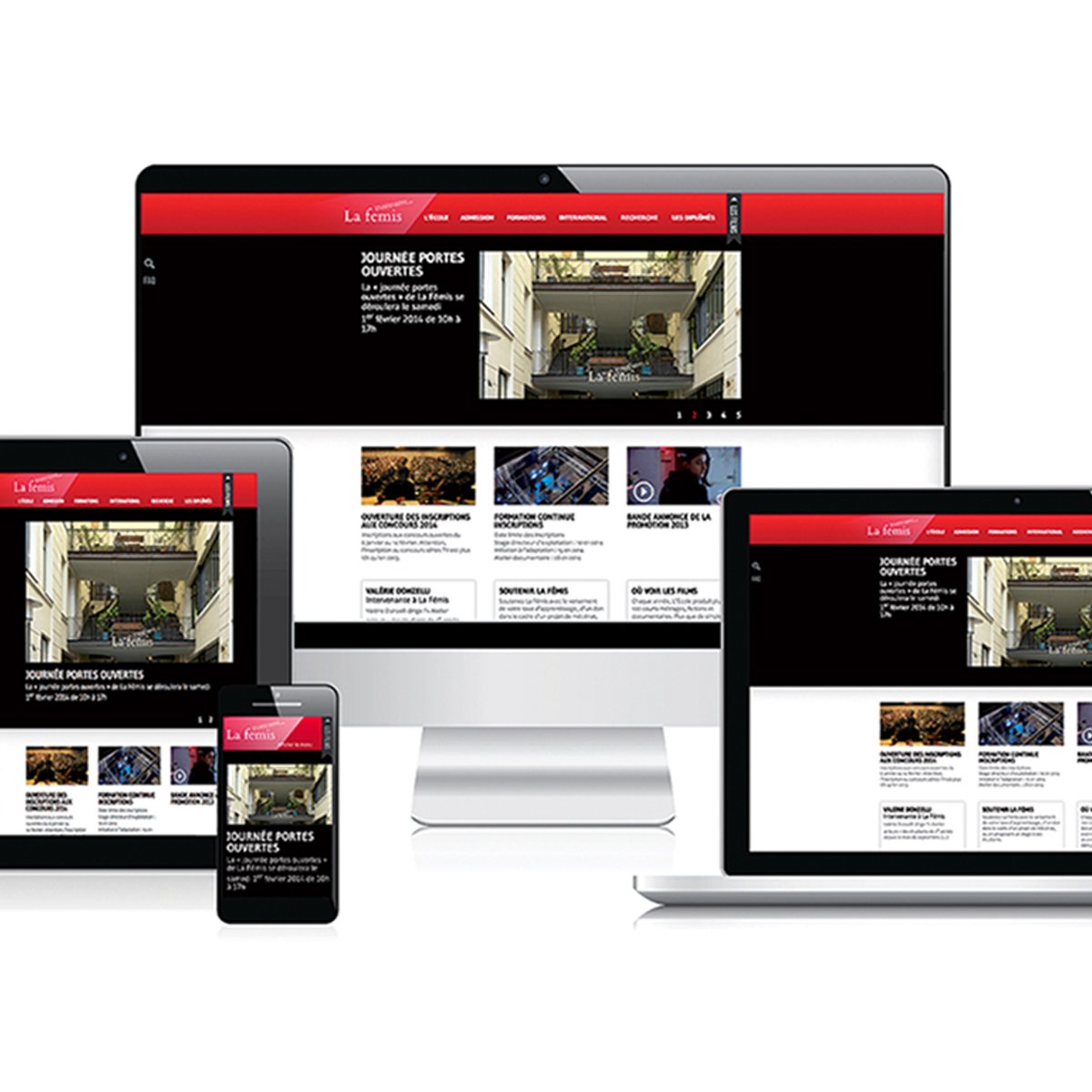 L'image représente plusieurs appareils électroniques affichant le même site web. On y voit un ordinateur de bureau, un ordinateur portable, une tablette et un smartphone. Tous les écrans montrent une interface de site d'information, avec un design moderne et une prédominance de noir et rouge. Les articles semblent traités de divers sujets, avec des images et des titres bien visibles.