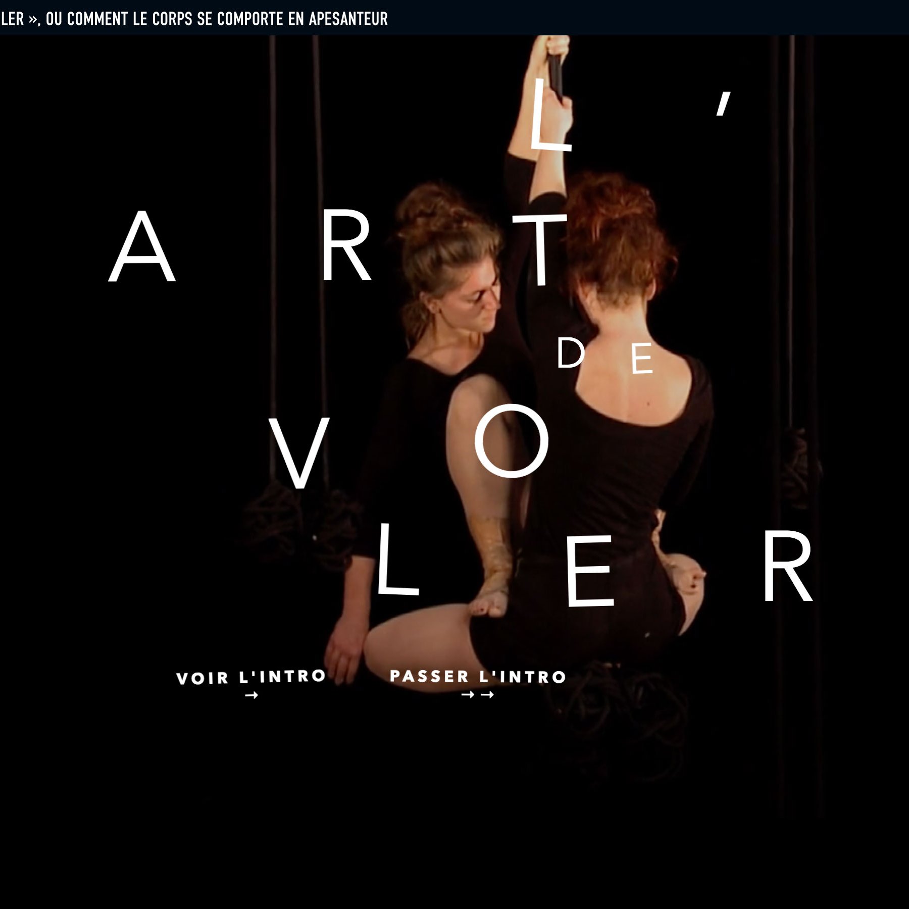 L'image présente un fond sombre avec un texte superposé qui dit "L'ART de VOILER". On peut apercevoir deux silhouettes de femmes en mouvement ou en danse, ce qui évoque une performance artistique. Les personnages semblent être en interaction, accentuant l'aspect théâtral de l'image. Le style est à la fois élégant et mystérieux, attirant l'attention sur le thème de la danse ou du cirque.