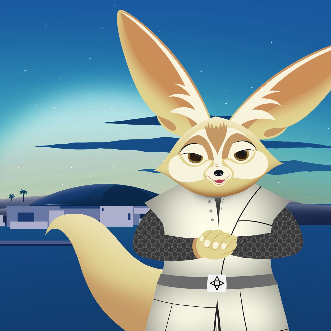 L'image représente un personnage animé ressemblant à un fennec. Il a de grandes oreilles et un pelage beige. Le personnage porte une sorte d'uniforme blanc avec des détails sombres et se tient les bras croisés. En arrière-plan, on peut voir un paysage nocturne avec un ciel bleu, des palmiers et un bâtiment en bord de mer, sous une lumière douce qui suggère la lune.
