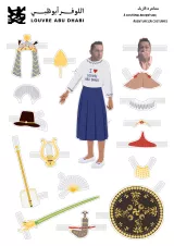 L'image représente une activité interactive liée au Louvre Abu Dhabi. On y voit un personnage en tenue traditionnelle, avec des accessoires à découper et à assembler. Les éléments incluent différents types de vêtements, chapeaux, et objets comme des instruments de musique et des éventails. L'illustration semble destinée à encourager les enfants à s'amuser tout en découvrant l'art et la culture. Le personnage a une expression amusante et engageante.
