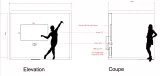 L'image présente des plans techniques d'une pièce ou d'un espace dédié à des activités interactives. À gauche, une élévation montre une silhouette de danseuse devant un grand écran de 75 pouces. Des dimensions et des annotations indiquent l'emplacement du son et d'autres composants électroniques. À droite, une coupe verticale montre l'agencement intérieur avec une autre silhouette féminine. On note également des ports USB 3.0 et des indications sur le matériel informatique utilisé, comme un PC Shuttle et une carte graphique GTX 1080.