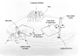 L'image représente un schéma technique d'un dispositif. On y voit plusieurs éléments : 1. **Trois ampoules LED** en forme de flamme, indiquées par des flèches. 2. **Écrans tactiles de 16 pouces**, au nombre de deux, présentés en configuration open frame. 3. Un **bâton mobile en bois**, positionné à un endroit clé du schéma. 4. **Un micro USB** pour l'alimentation ou la conectivité. 5. Des **cailloux mobiles en résine**, illustrés, probablement pour une interaction tactile. 6. Un **capteur de friction**, mentionné dans le dessin. Le tout semble désigner un projet interactif ou une installation technologique.